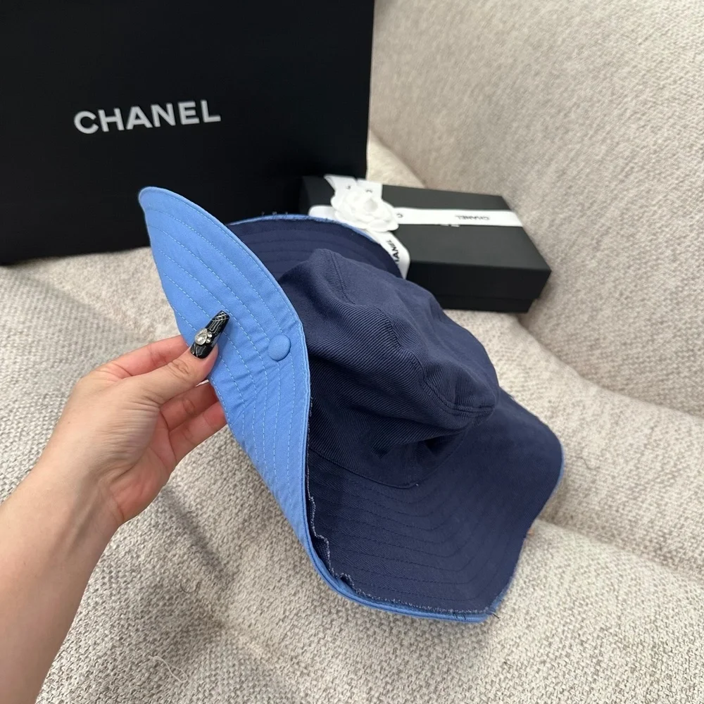 Miu Miu Navy Blue Embroidered Wide Brim Bucket Hat